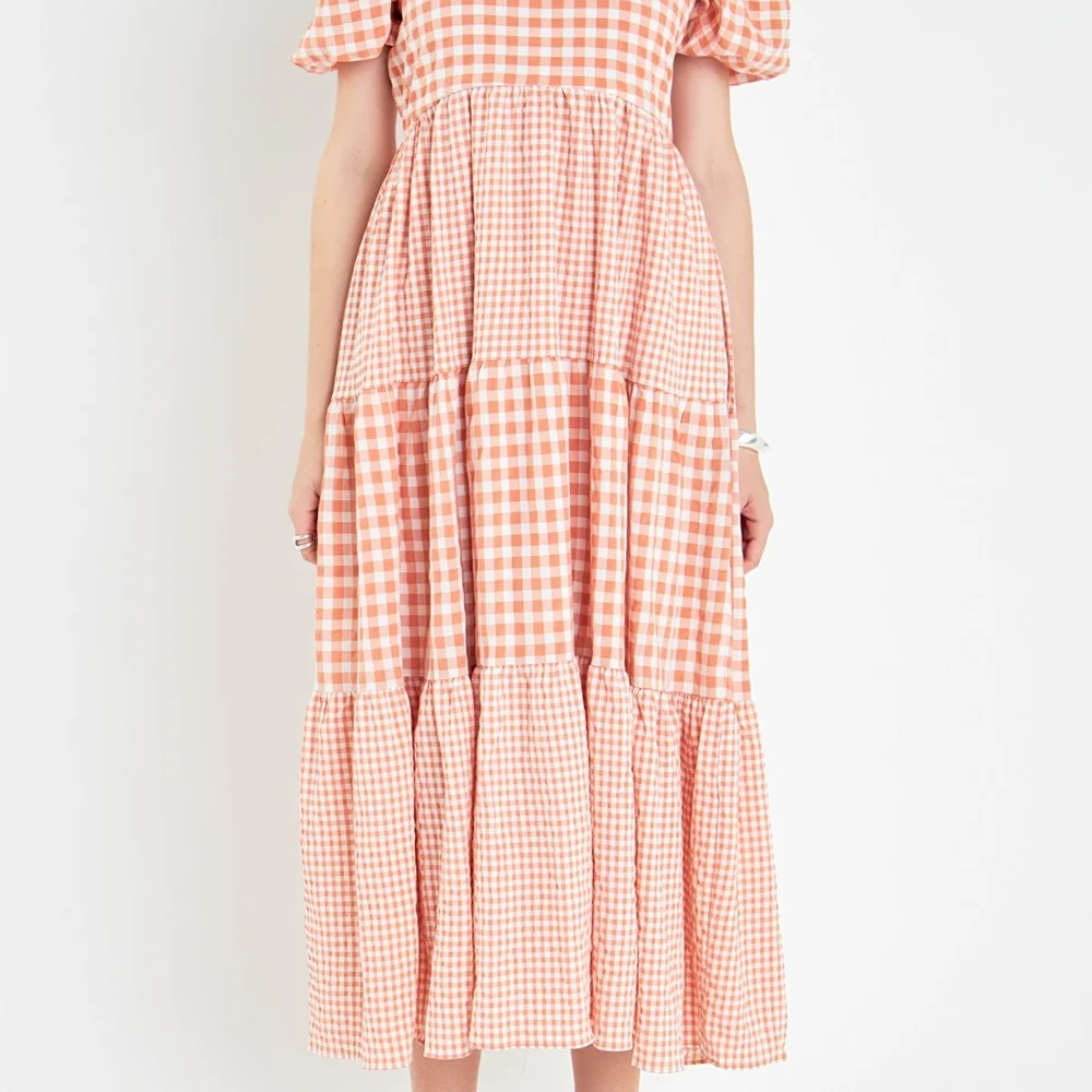 Gingham Puff Sleeve Midi Dress - Pink - Picture 3 of 5